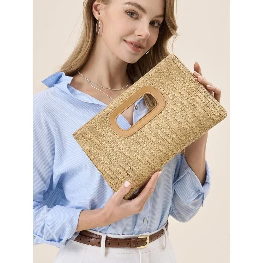 Tan Straw Clutch Purse for Women with Top Handle Summer Boho Beach Bag - Picture 5 of 6